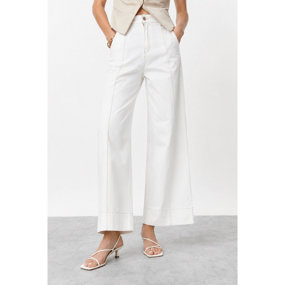 Zara White Wide Leg Cropped Pants Contrast Stitch Cotton Stretch Size S